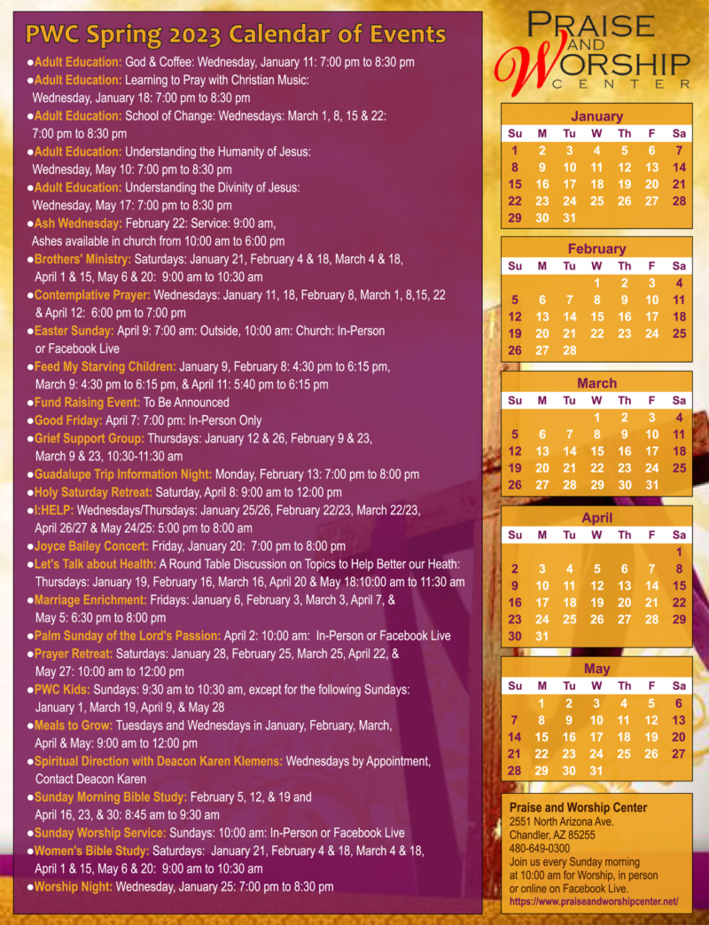 PWC Spring 2023 Calendar of Events Praise & Worship Center